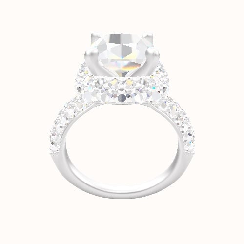 Cathedral Three Row Pave Engagement Ring With High Set Waterfall Halo Head