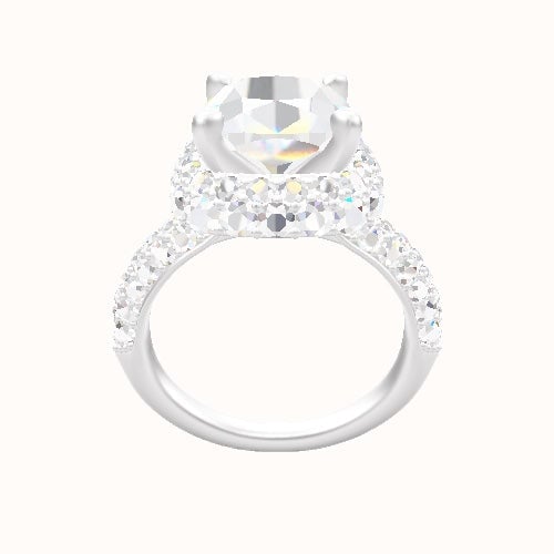 Cathedral Three Row Pave Engagement Ring With High Set Waterfall Halo Head