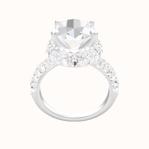 Cathedral Three Row Pave Engagement Ring With High Set Waterfall Halo Head