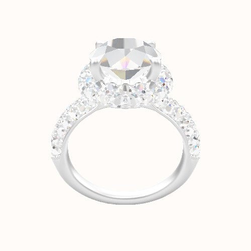 Cathedral Three Row Pave Engagement Ring With Low Set Waterfall Halo Head