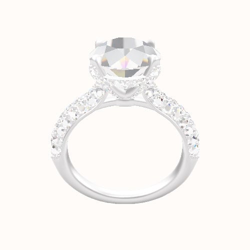 Cathedral Three Row Pave Engagement Ring With Pave Basket Head