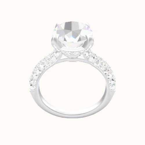 Cathedral Three Row Pave Engagement Ring With Pave Basket Head