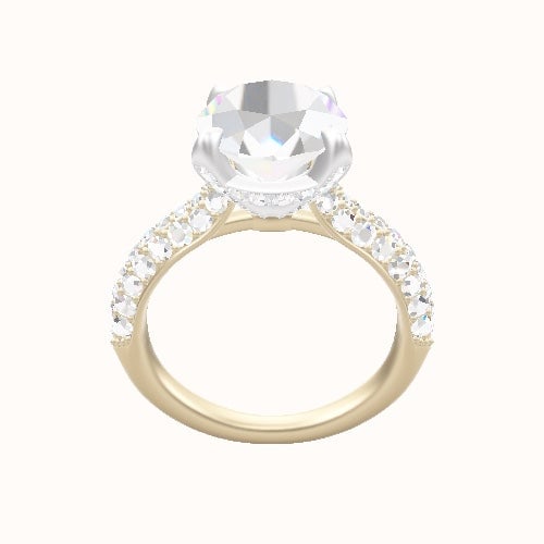 Cathedral Three Row Pave Engagement Ring With Pave Basket Head