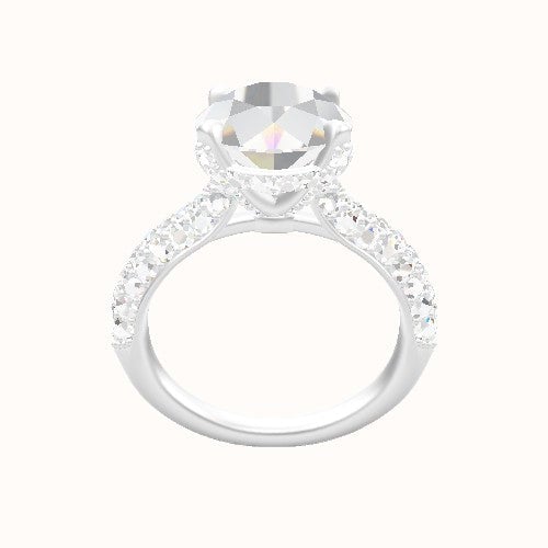 Cathedral Three Row Pave Engagement Ring With Pave Basket Head