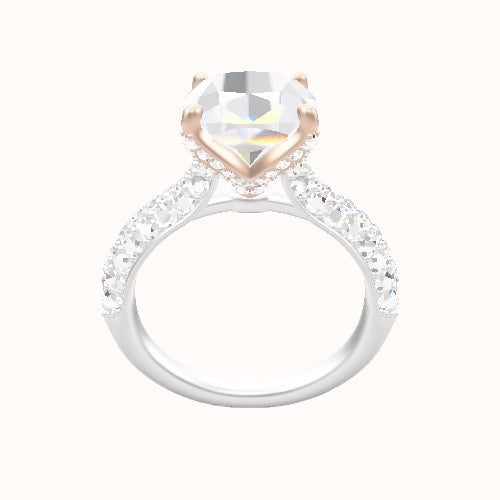 Cathedral Three Row Pave Engagement Ring With Pave Petal Four Prong Head