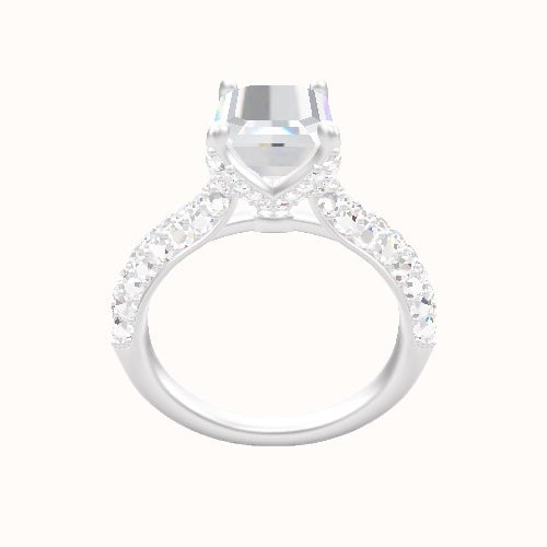 Cathedral Three Row Pave Engagement Ring With Pave Petal Four Prong Head