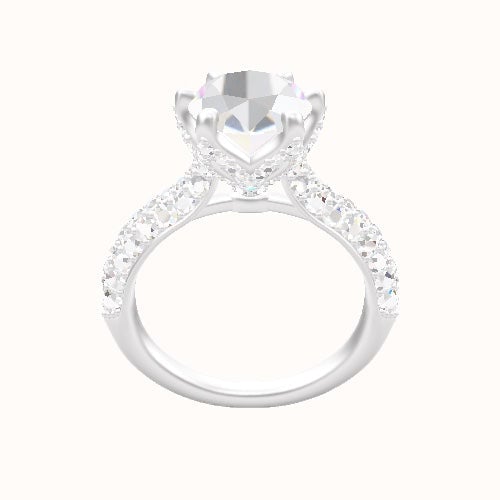 Cathedral Three Row Pave Engagement Ring With Pave Petal Six Prong Head