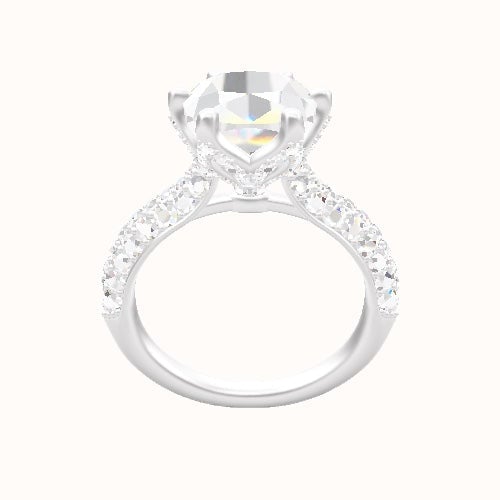 Cathedral Three Row Pave Engagement Ring With Pave Petal Six Prong Head
