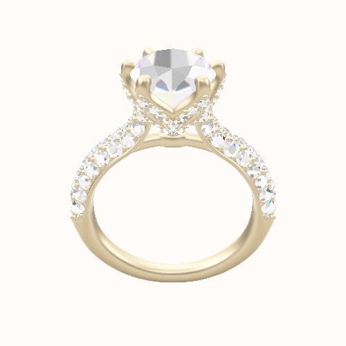 Cathedral Three Row Pave Engagement Ring With Pave Petal Six Prong Head