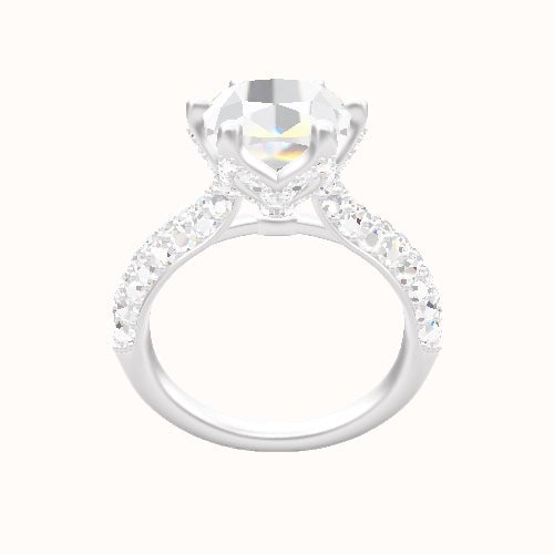 Cathedral Three Row Pave Engagement Ring With Pave Petal Six Prong Head