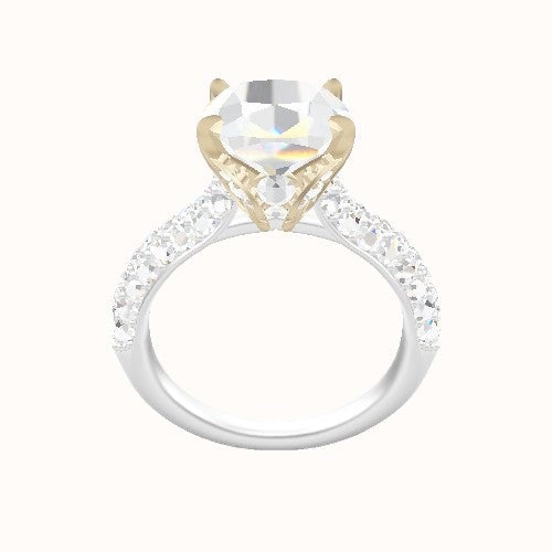 Cathedral Three Row Pave Engagement Ring With Pave Tulip Prongs w. Surprise Diamond Head
