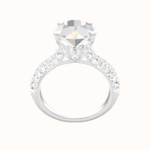 Cathedral Three Row Pave Engagement Ring With Pave Tulip Prongs w. Surprise Diamond Head