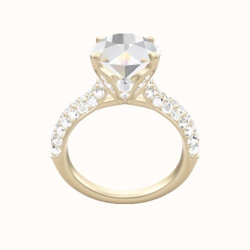 Cathedral Three Row Pave Engagement Ring With Pave Tulip Prongs w. Surprise Diamond Head