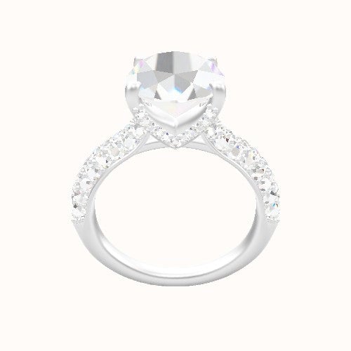 Cathedral Three Row Pave Engagement Ring With Pave V Prong Head