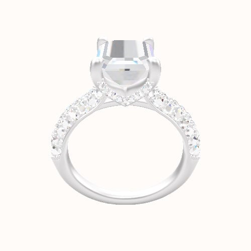 Cathedral Three Row Pave Engagement Ring With Pave V Prong Head