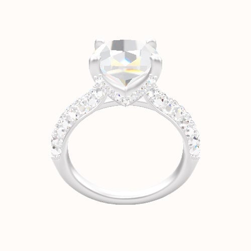 Cathedral Three Row Pave Engagement Ring With Pave V Prong Head