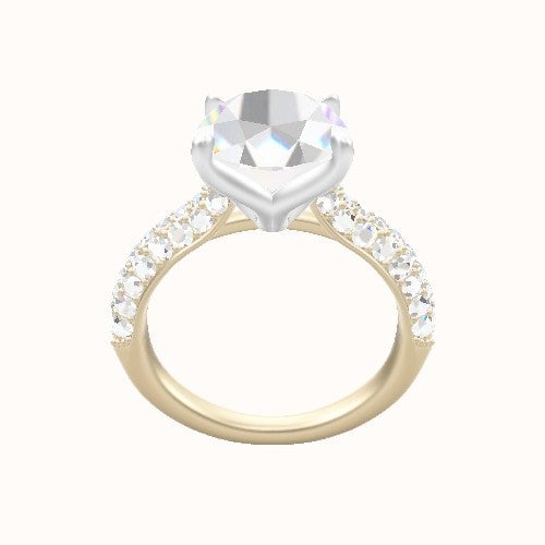 Cathedral Three Row Pave Engagement Ring With Petal Four Prong Head