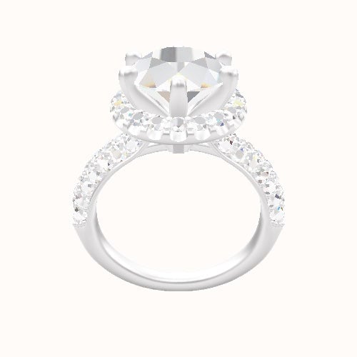 Cathedral Three Row Pave Engagement Ring With Six Prong Halo Head