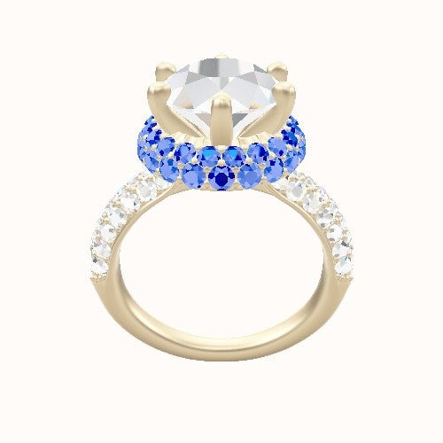 Cathedral Three Row Pave Engagement Ring With Six Prong Waterfall Halo Head