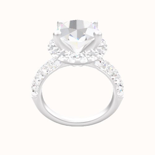 Cathedral Three Row Pave Engagement Ring With V Prong Halo Head