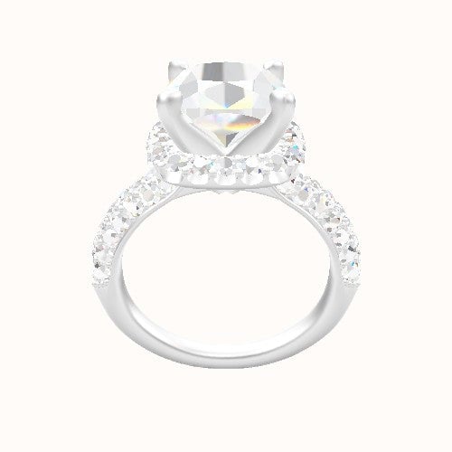 Cathedral Three Row Pave Engagement Ring With V Prong Halo Head