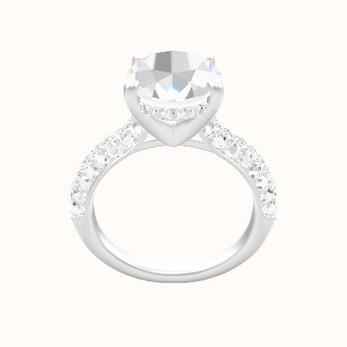 Cathedral Three Row Pave Engagement Ring With V Prong with Hidden Halo Head