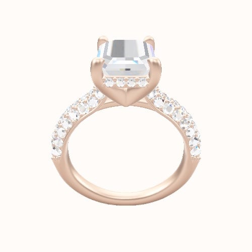 Cathedral Three Row Pave Engagement Ring With V Prong with Hidden Halo Head