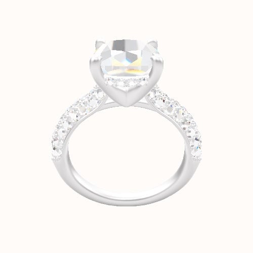 Cathedral Three Row Pave Engagement Ring With V Prong with Hidden Halo Head