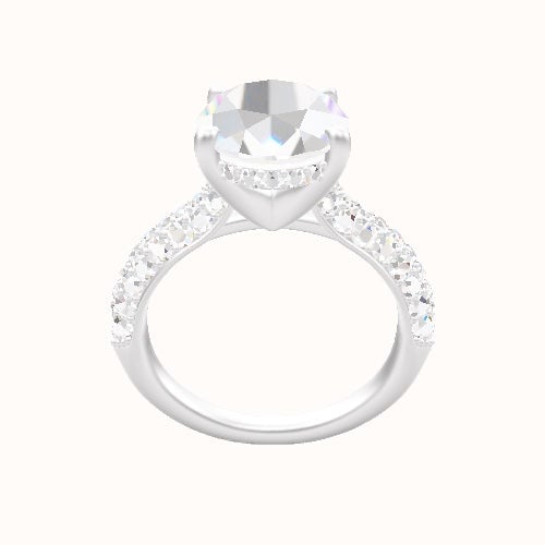 Cathedral Three Row Pave Engagement Ring With V Prong with Hidden Halo Head