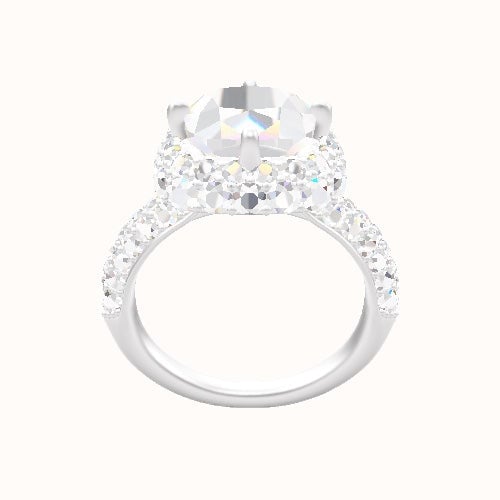 Cathedral Three Row Pave Engagement Ring With Waterfall Halo Head