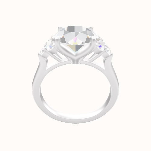 Diamond Band with Round Sidestone Trio Engagement Ring With Petal Four Prong Head