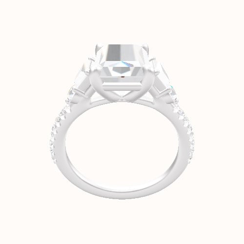 Diamond Band with Trapezoid & Round Sidestones Engagement Ring With Low Set Four Prong Head