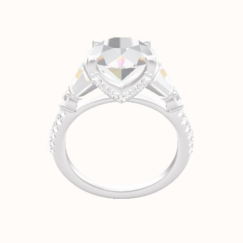 Diamond Band with Triple Tapered Baguettes & Round Sidestones Engagement Ring With Pave V Prong Head