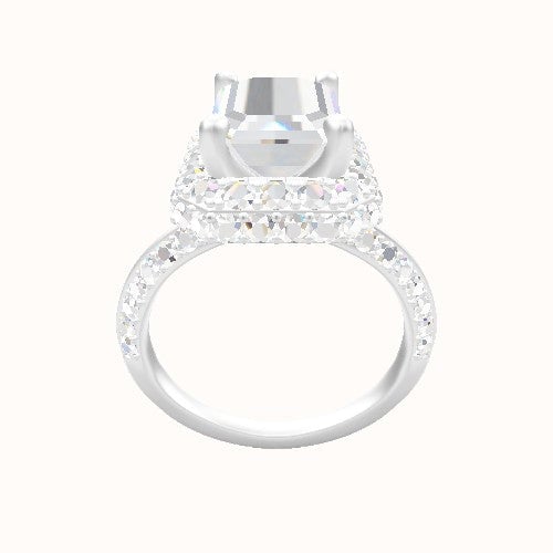 Knife Edge Double Row Pave Engagement Ring With High Set Waterfall Halo Head