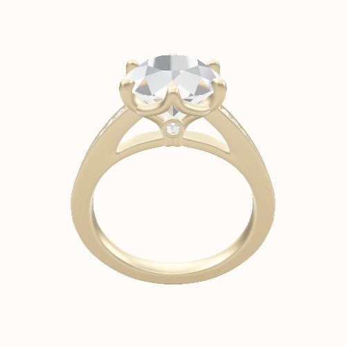 Micropave Cathedral Engagement Ring With Crown Six Prong w. accent Diamond Head