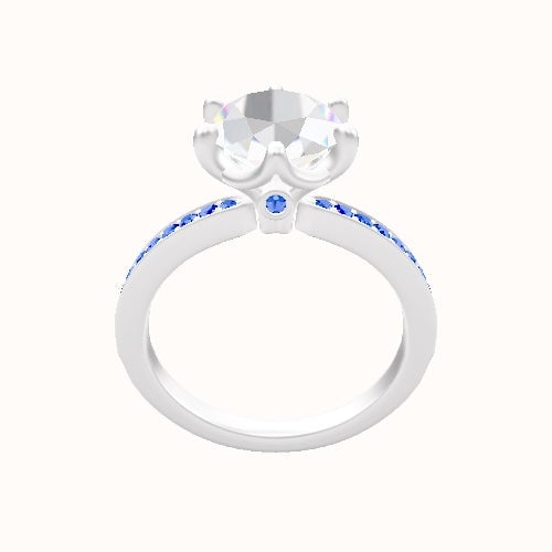 Micropave Engagement Ring With Crown Six Prong w. accent Diamond Head