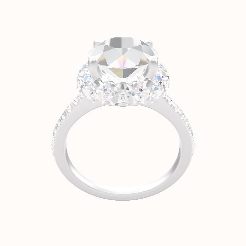 Pave Cathedral Engagement Ring With Low Set Waterfall Halo Head