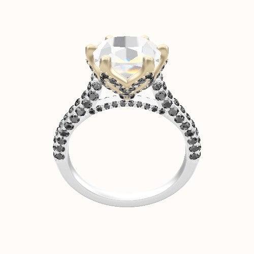 Petite Cathedral Three Row Engagement Ring With Pave Petal Six Prong Head