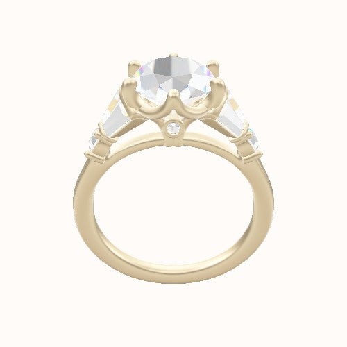 Plain Band with Triple Tapered Baguettes & Round Sidestones Engagement Ring With Crown Six Prong w. accent Diamond Head
