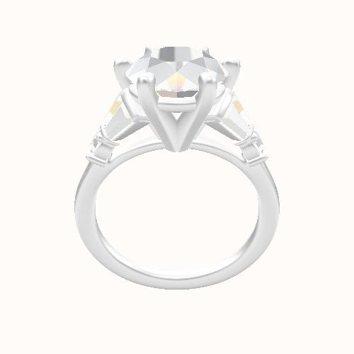 Plain Band with Triple Tapered Baguettes & Round Sidestones Engagement Ring With High Set Six Prong Head