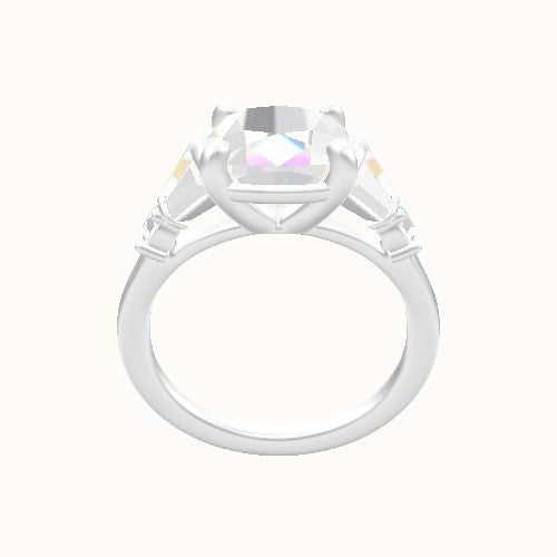 Plain Band with Triple Tapered Baguettes & Round Sidestones Engagement Ring With Low Set Four Prong Head