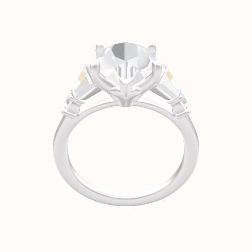 Plain Band with Triple Tapered Baguettes & Round Sidestones Engagement Ring With Petal Four Prong Head