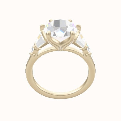 Plain Band with Triple Tapered Baguettes & Round Sidestones Engagement Ring With Petal Six Prong Head