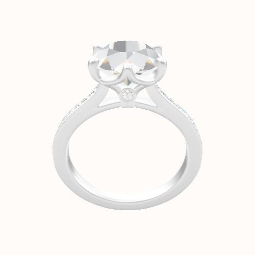 Tapered Channel Set Engagement Ring With Crown Six Prong w. accent Diamond Head