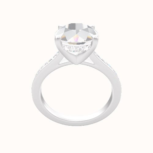 Tapered Channel Set Engagement Ring With V Prong with Hidden Halo Head