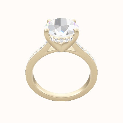 Tapered Channel Set Engagement Ring With V Prong with Hidden Halo Head