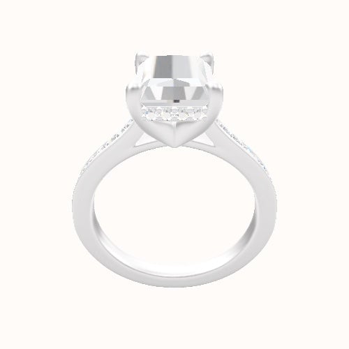Tapered Channel Set Engagement Ring With V Prong with Hidden Halo Head