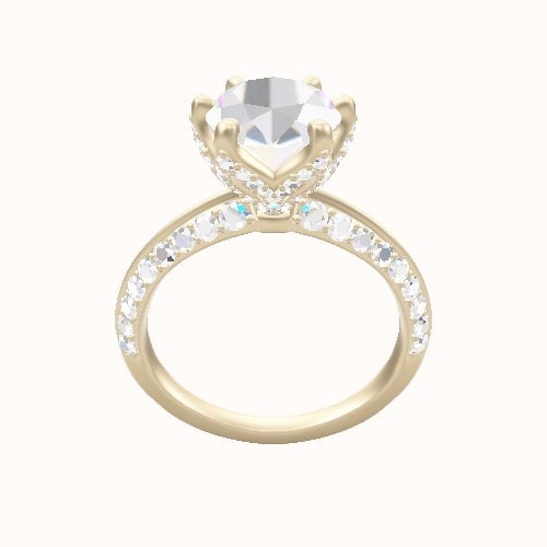 Tapered Knife Edge Double Row Pave Engagement Ring With Pave Petal Six Prong Head