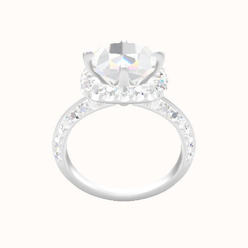 Tapered Knife Edge Double Row Pave Engagement Ring With Petal Prong Halo Head