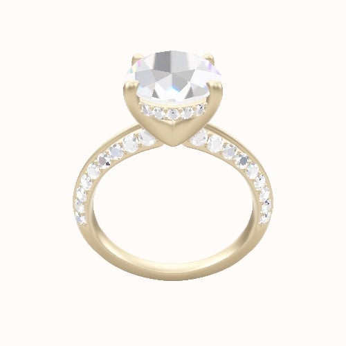 Tapered Knife Edge Double Row Pave Engagement Ring With V Prong with Hidden Halo Head